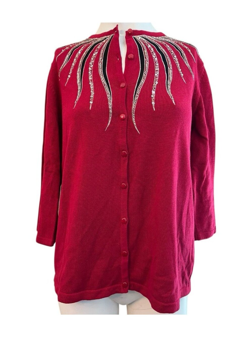 Bob Mackie Wearable Art Ladies Medium Red Sequin Cardigan Sweater Holiday Party